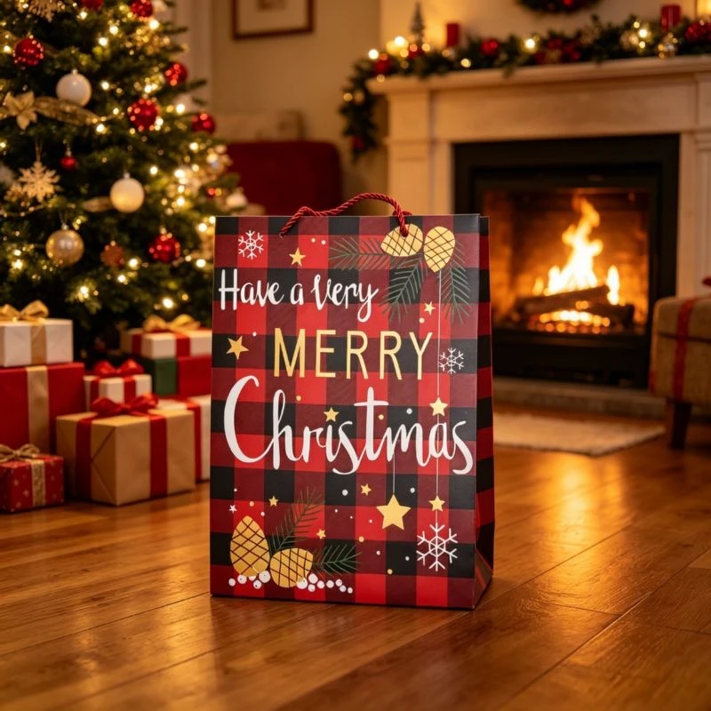 Rustic Red & Black Buffalo Plaid Christmas Paper Gift Bags suppliers